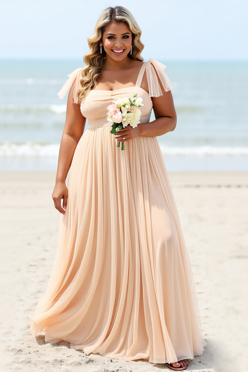 Apricot A Line Pleated Long Boho Bridesmaid Dress with Slit