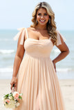 Apricot A Line Pleated Long Boho Bridesmaid Dress with Slit