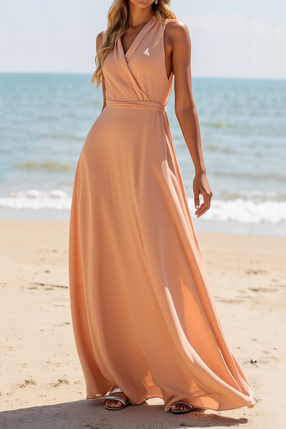 Sunset Chiffon V-Neck A Line Long Boho Bridesmaid Dress