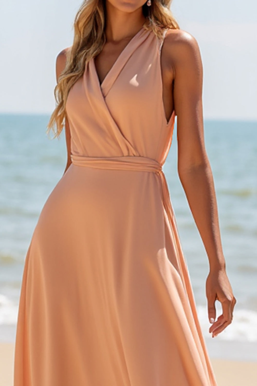 Sunset Chiffon V-Neck A Line Long Boho Bridesmaid Dress