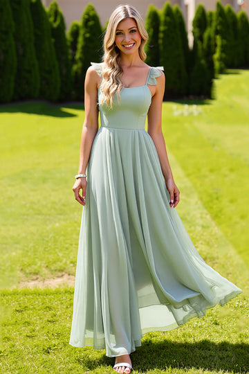 Sage Green Chiffon Ruffled A Line Long Bridesmaid Dress