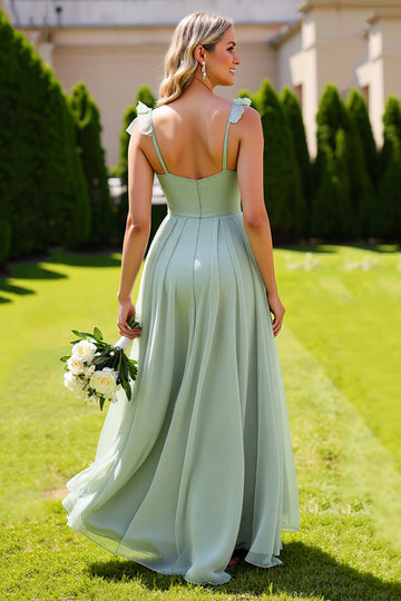 Sage Green Chiffon Ruffled A Line Long Bridesmaid Dress
