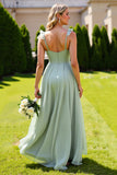 Sage Green Chiffon Ruffled A Line Long Bridesmaid Dress