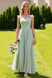 Sage Green Chiffon Ruffled A Line Long Bridesmaid Dress