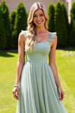 Sage Green Chiffon Ruffled A Line Long Bridesmaid Dress
