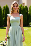 Sage Green Chiffon Ruffled A Line Long Bridesmaid Dress