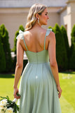 Sage Green Chiffon Ruffled A Line Long Bridesmaid Dress
