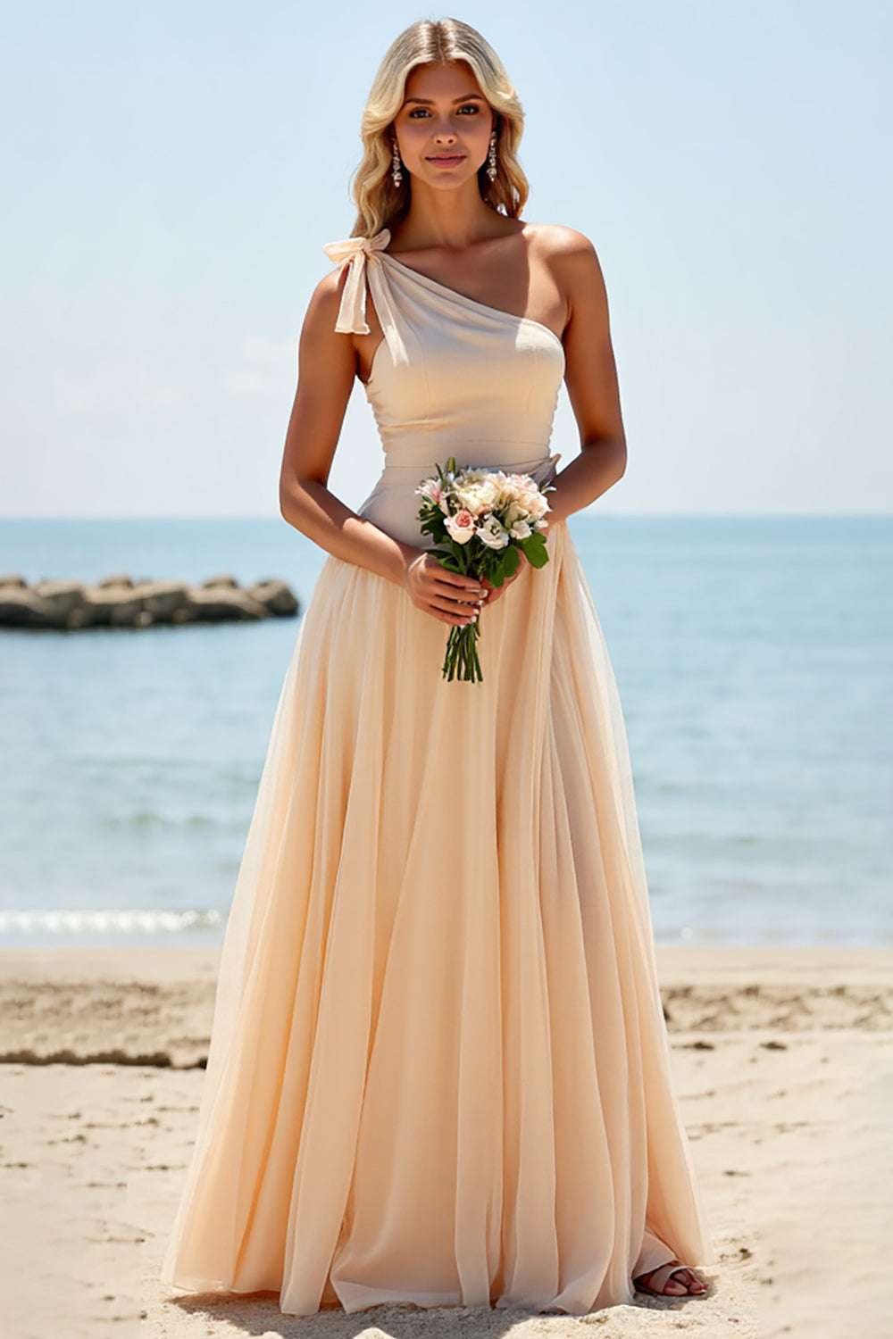 Apricot One Shoulder A Line Long Boho Bridesmaid Dress