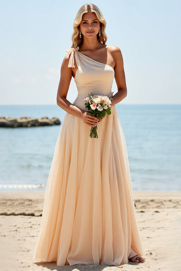 Apricot One Shoulder A Line Long Boho Bridesmaid Dress