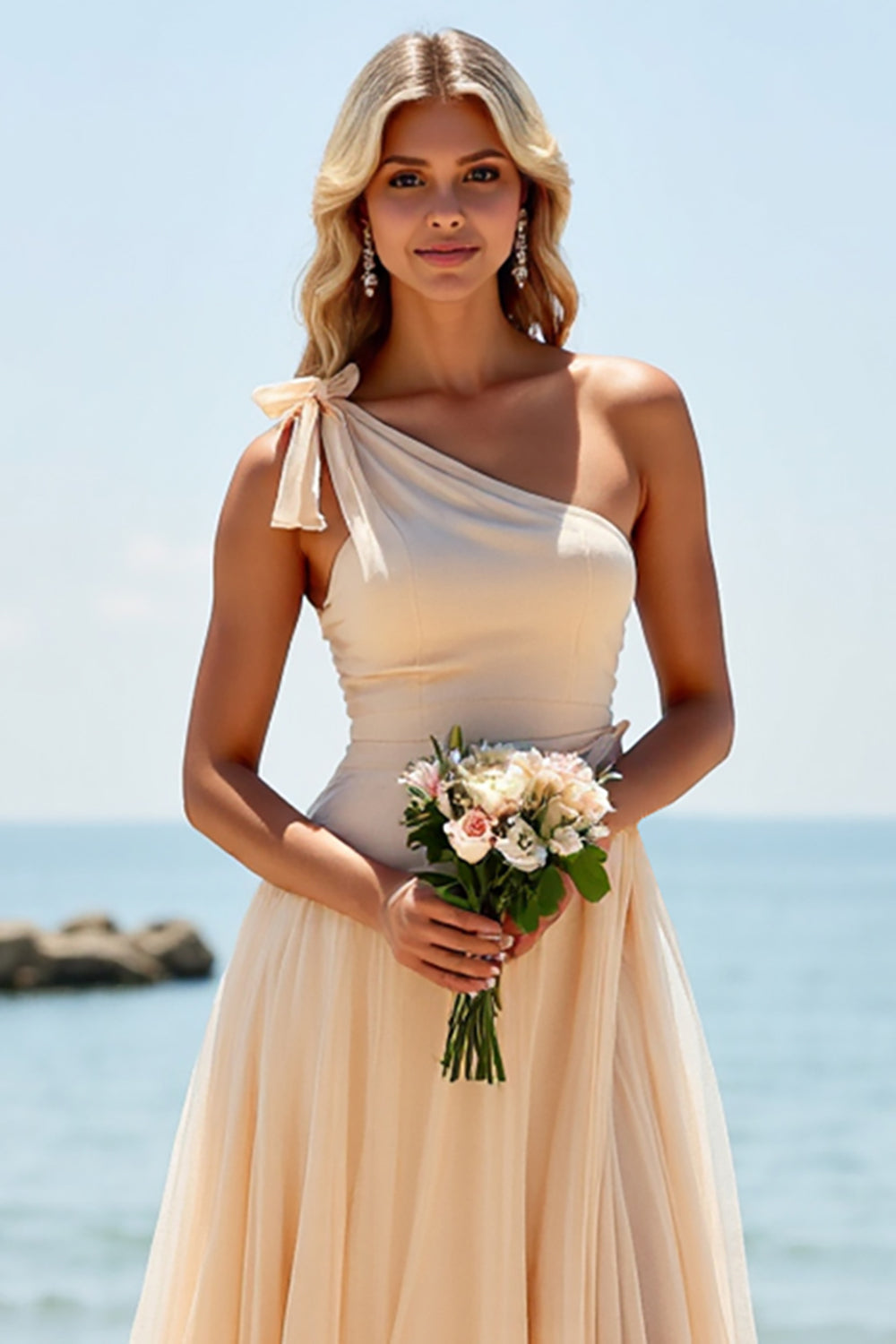 Apricot One Shoulder A Line Long Boho Bridesmaid Dress