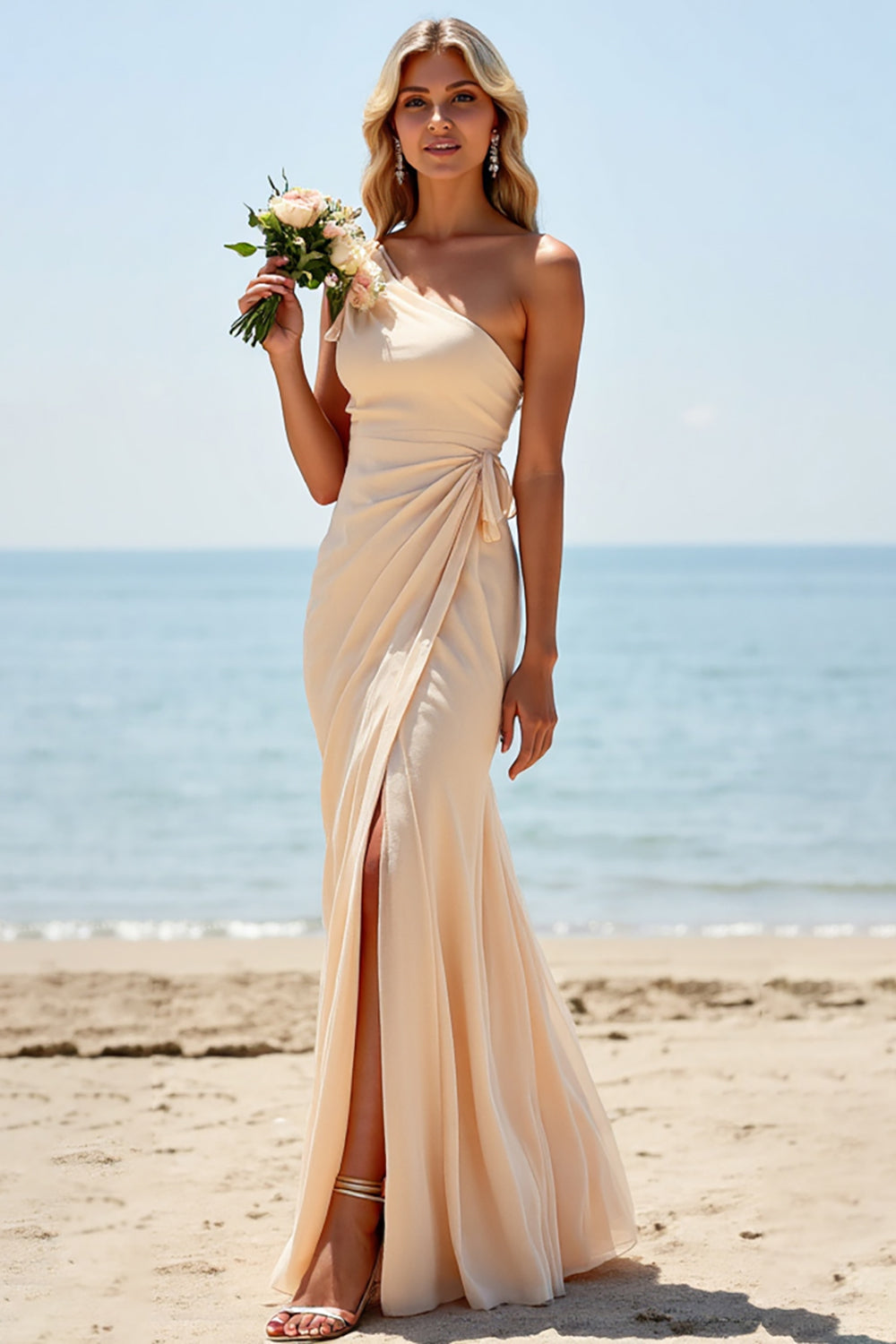 Apricot Chiffon Mermaid One Shoulder Long Boho Bridesmaid Dress with Slit