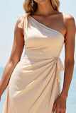 Apricot Chiffon Mermaid One Shoulder Long Boho Bridesmaid Dress with Slit