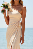 Apricot Chiffon Mermaid One Shoulder Long Boho Bridesmaid Dress with Slit