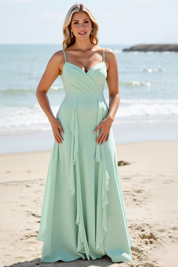 Mint Green Chiffon A Line Long Boho Bridesmaid Dress with Ruffles