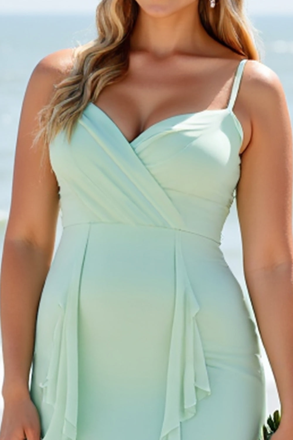 Mint Green Chiffon A Line Long Boho Bridesmaid Dress with Ruffles