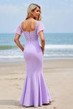 Lilac Flutter Sleeves Sheath Long Boho Bridesmaid Dress with Slit