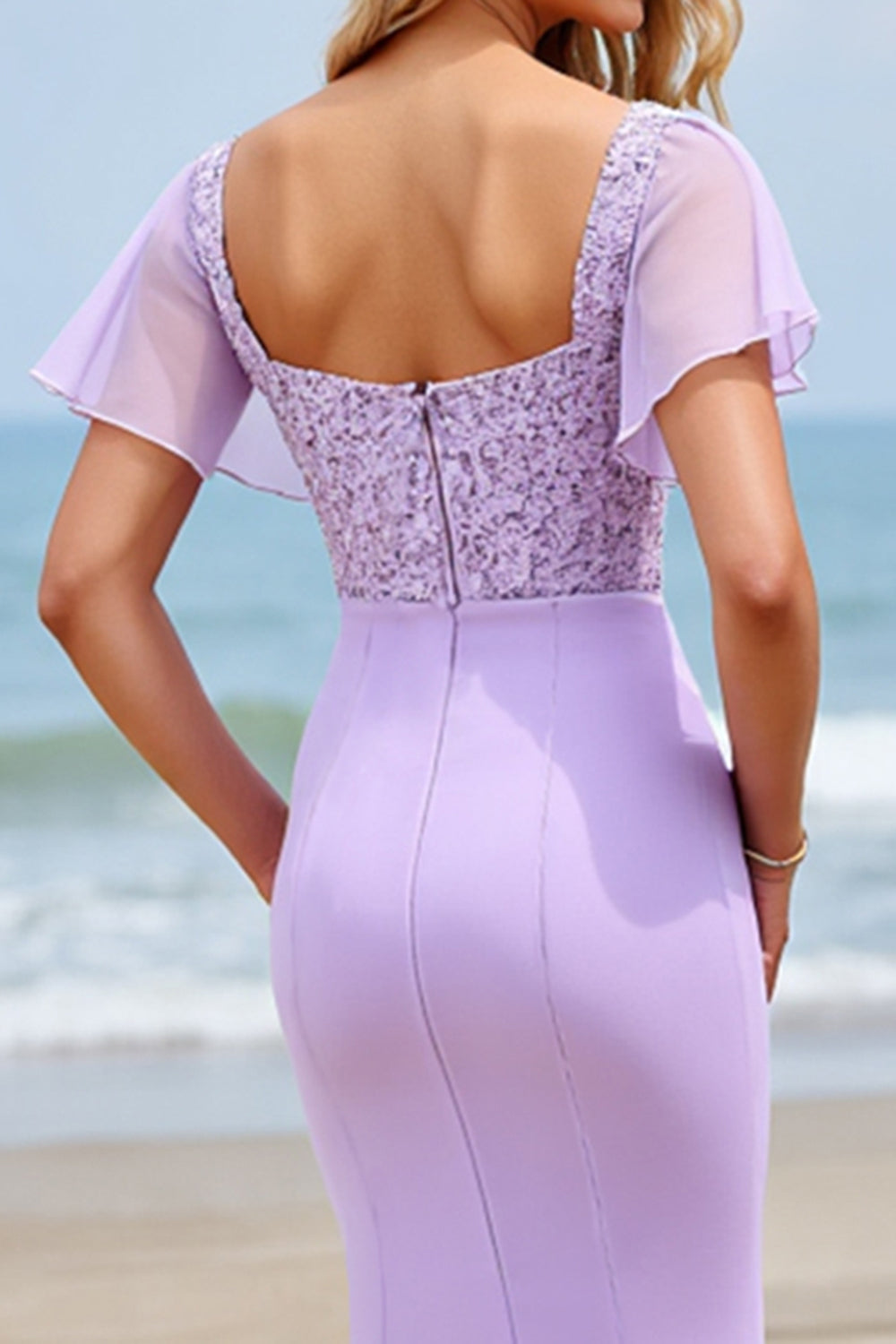 Lilac Flutter Sleeves Sheath Long Boho Bridesmaid Dress with Slit