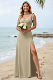 Olive Sheath Satin Long Boho Bridesmaid Dress with Slit