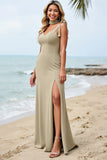 Olive Sheath Satin Long Boho Bridesmaid Dress with Slit