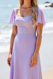 Sparkly Lilac Flutter Sleeves Long Boho Bridesmaid Dress with Beading