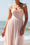 Candy Pink A Line Pleated Long Boho Bridesmaid Dress with Slit