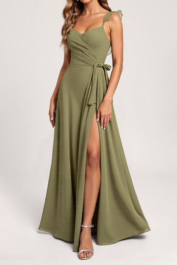 Olive A Line Ruffled Chiffon Long Bridesmaid Dress with Slit