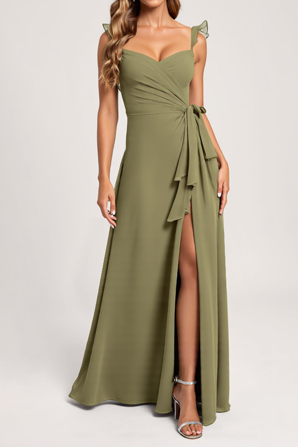 Olive A Line Ruffled Chiffon Long Bridesmaid Dress with Slit