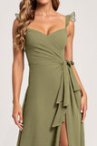 Olive A Line Ruffled Chiffon Long Bridesmaid Dress with Slit
