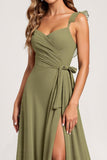 Olive A Line Ruffled Chiffon Long Bridesmaid Dress with Slit