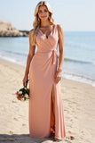 Blush Satin Sheath V-Neck Long Boho Bridesmaid Dress with Slit