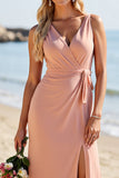 Blush Satin Sheath V-Neck Long Boho Bridesmaid Dress with Slit