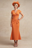Orange Satin Mermaid Ruched Ruffled Long Mother Of The Bride Dress