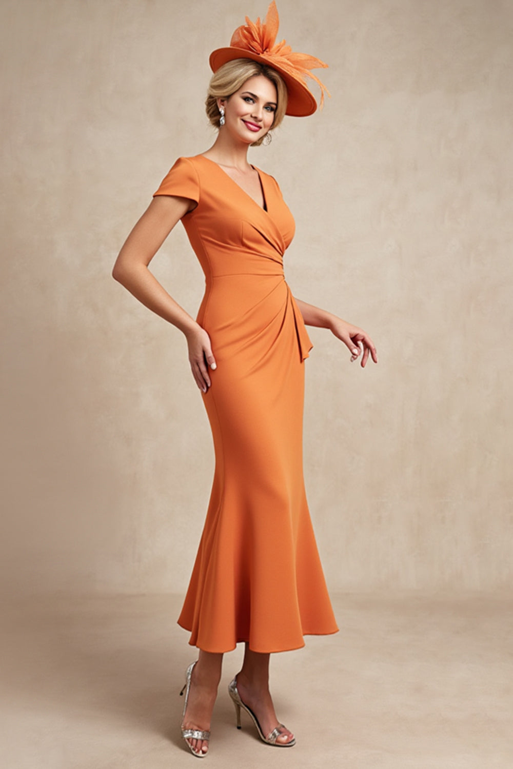 Orange Satin Mermaid Ruched Ruffled Long Mother Of The Bride Dress