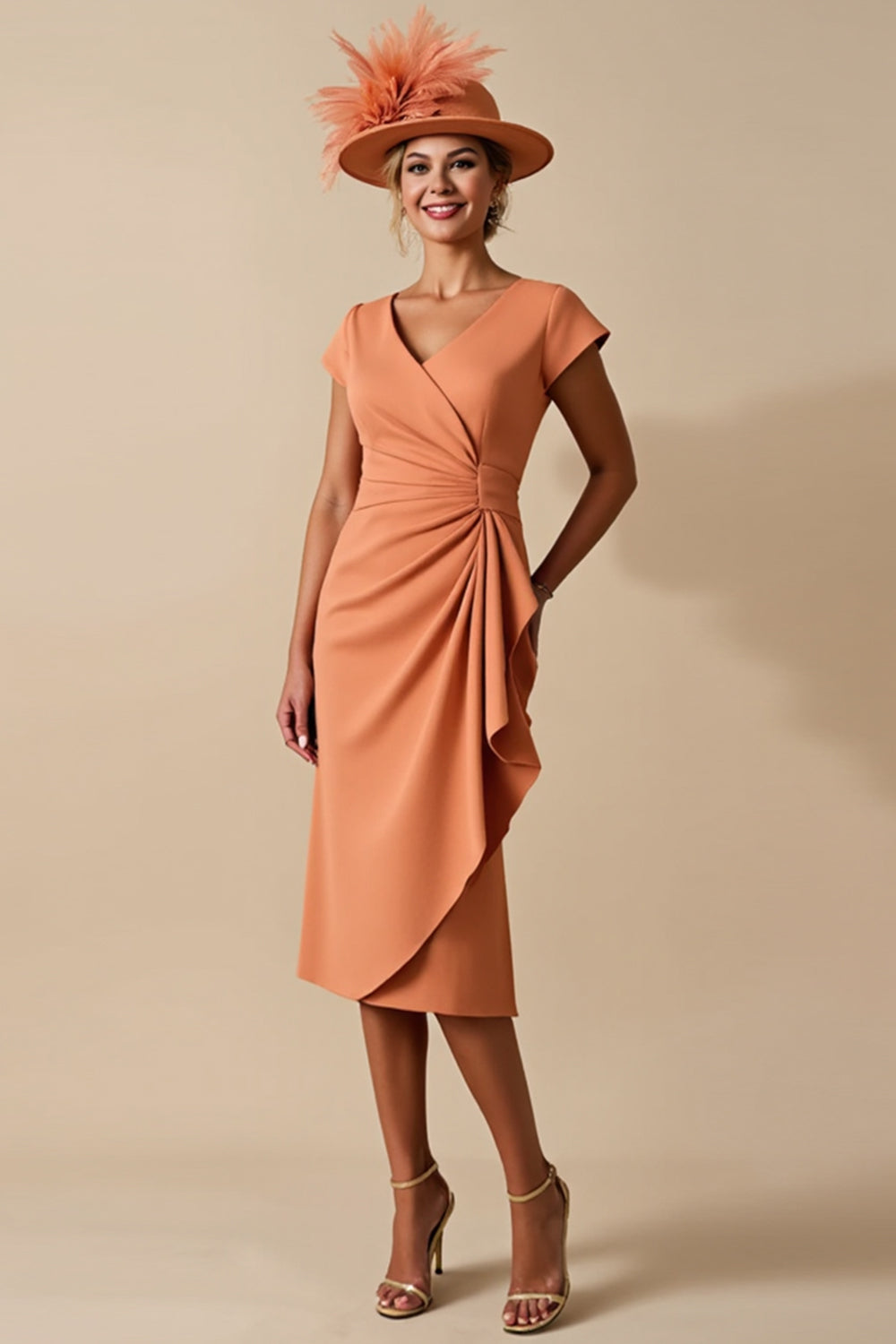 Sunset Bodycon Ruched Satin V Neck Midi Mother Of The Bride Dress