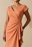 Sunset Bodycon Ruched Satin V Neck Midi Mother Of The Bride Dress