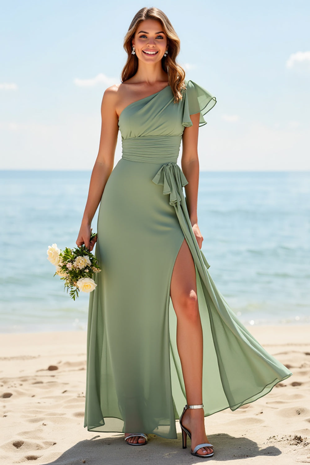 One Shoulder A Line Chiffon Dusty Sage Long Boho Bridesmaid Dress