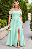 Off The Shoulder A Line Mint Green Long Bridesmaid Dress With Slit