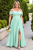 Off The Shoulder A Line Mint Green Long Bridesmaid Dress With Slit