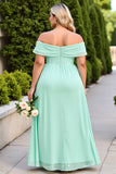 Off The Shoulder A Line Mint Green Long Bridesmaid Dress With Slit