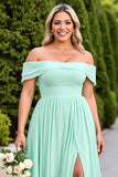 Off The Shoulder A Line Mint Green Long Bridesmaid Dress With Slit