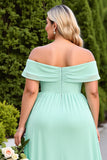Off The Shoulder A Line Mint Green Long Bridesmaid Dress With Slit