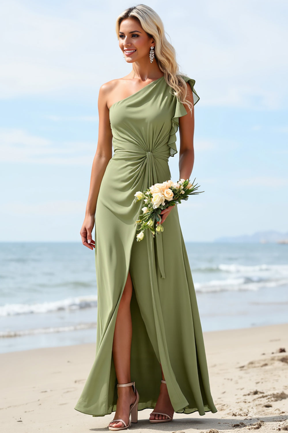 One Shoulder Ruched Dusty Sage Long Boho Bridesmaid Dress With Slit
