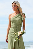 One Shoulder Ruched Dusty Sage Long Boho Bridesmaid Dress With Slit