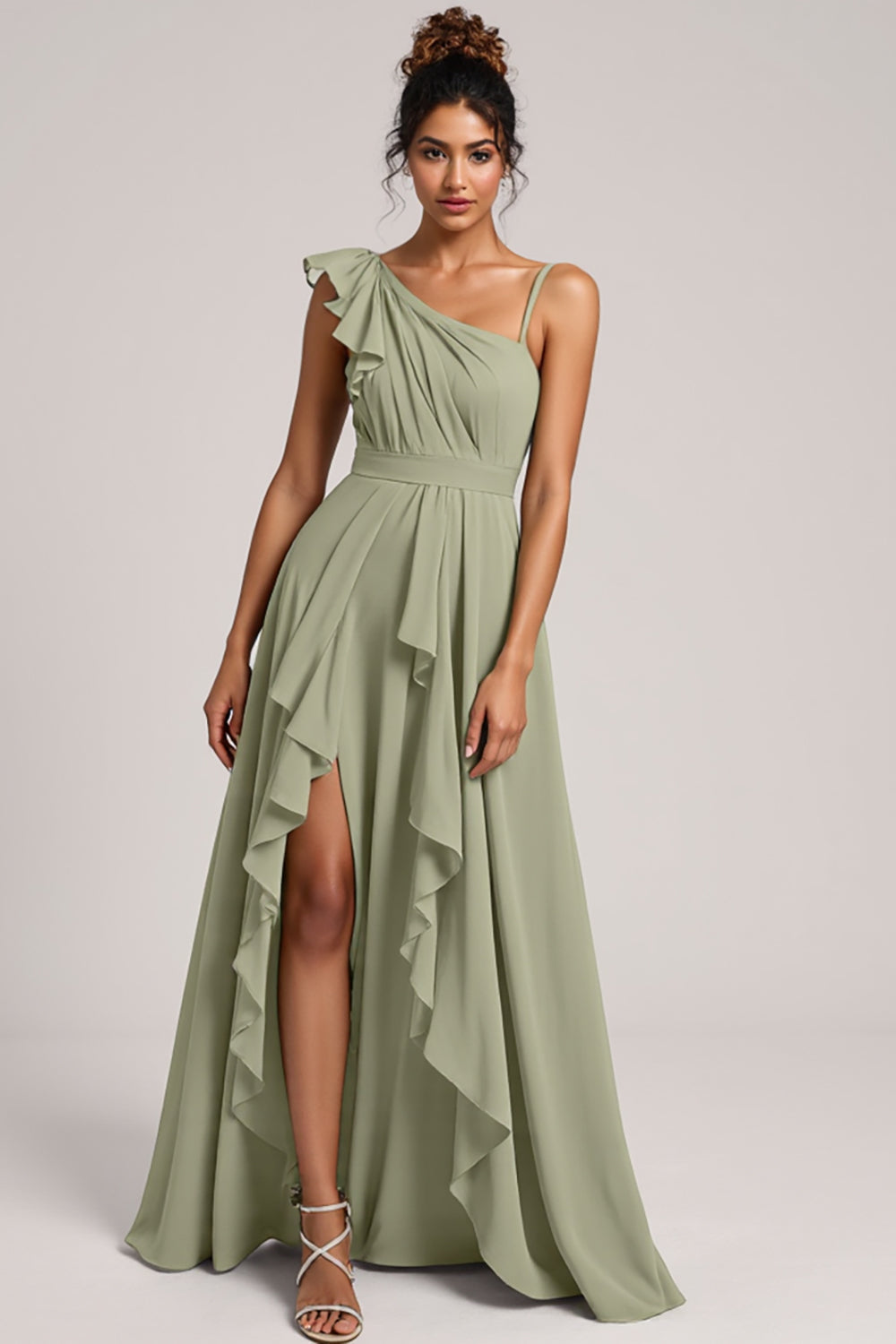 A Line Chiffon Ruffled Dusty Sage Long Bridesmaid Dress with Slit