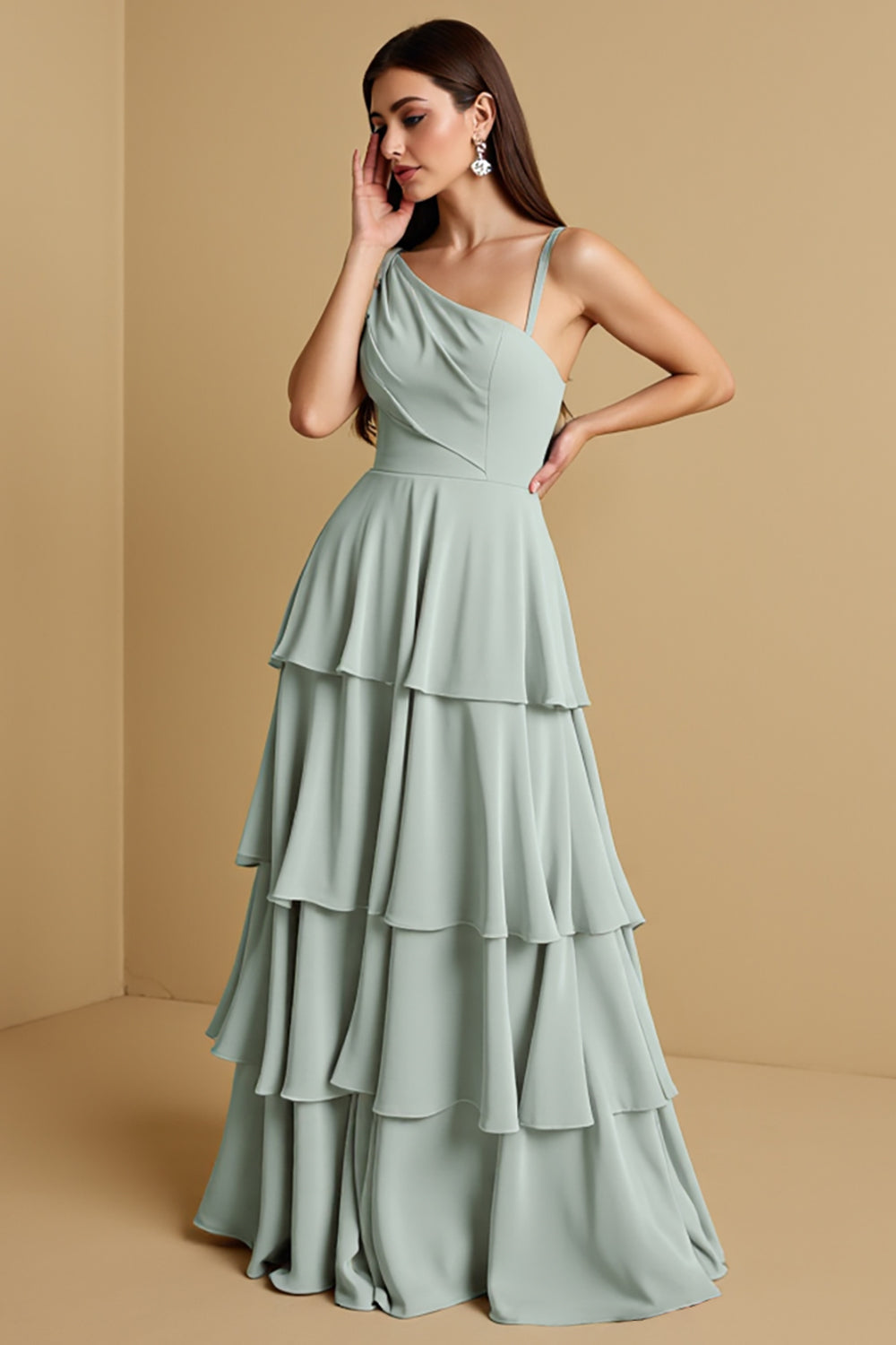 A Line Tiered Sage Green Chiffon Long Bridesmaid Dress