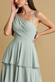 A Line Tiered Sage Green Chiffon Long Bridesmaid Dress