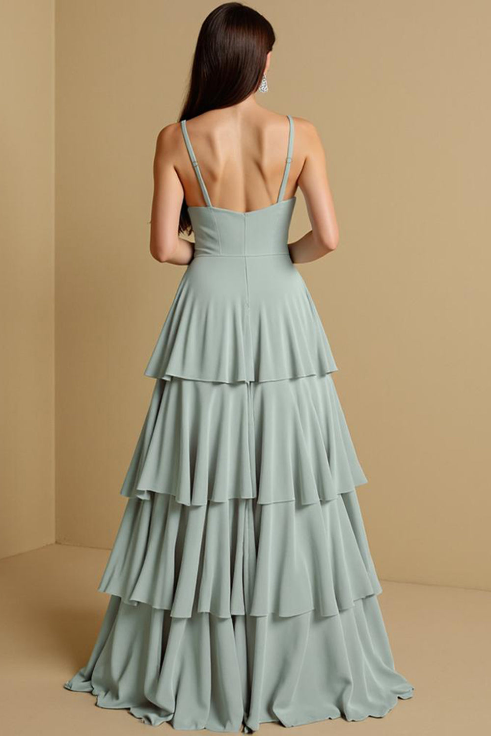A Line Tiered Sage Green Chiffon Long Bridesmaid Dress