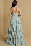 A Line Tiered Sage Green Chiffon Long Bridesmaid Dress