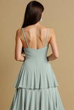 A Line Tiered Sage Green Chiffon Long Bridesmaid Dress