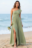 One Shoulder Dusty Sage A Line Long Boho Bridesmaid Dress With Slit